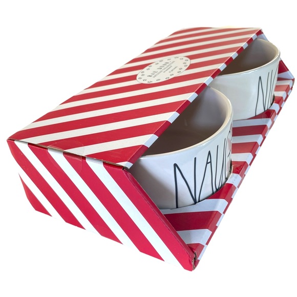 Rae Dunn Naughty & Nice Holiday 6" Pet Bowl Gift Set White w/Black Lettering NIB - Picture 3 of 7